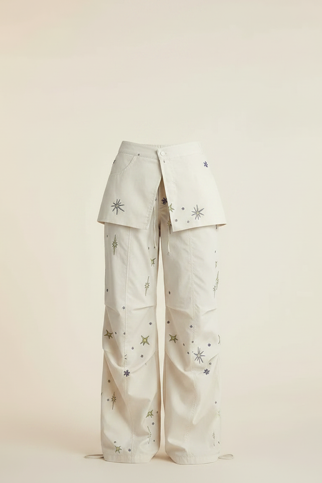 Pantalon Parachute Crème Étoiles Ample Décontracté Fluide - Beige Polyester - vue 3