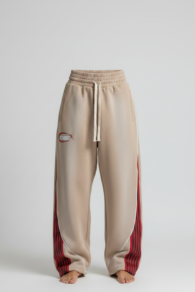 Pantalon Parachute Beige Ample Rayures Rouges Streetwear - Molleton - vue 3