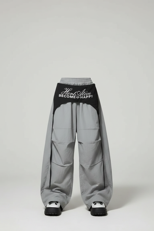 Pantalon Parachute Gris Ample Cargo Cordon Fille - Polyester - vue 3