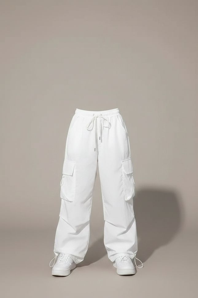 Pantalon Parachute Blanc Cargo Ample Streetwear Enfant - Polyester - vue 3