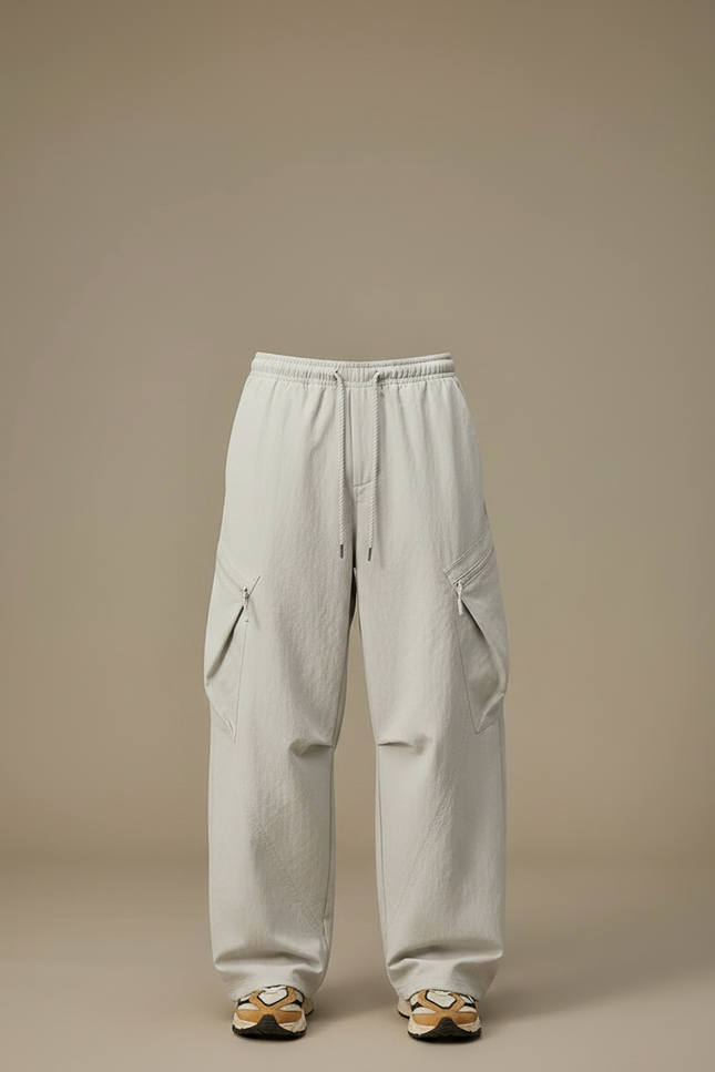 Pantalon Parachute Gris Clair Ample Cargo Décontracté Cordon - Polyester - vue 3