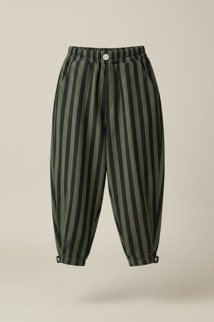 Pantalon Parachute Rayé Vert Ample Enfant Décontracté - Cordé - vue 3