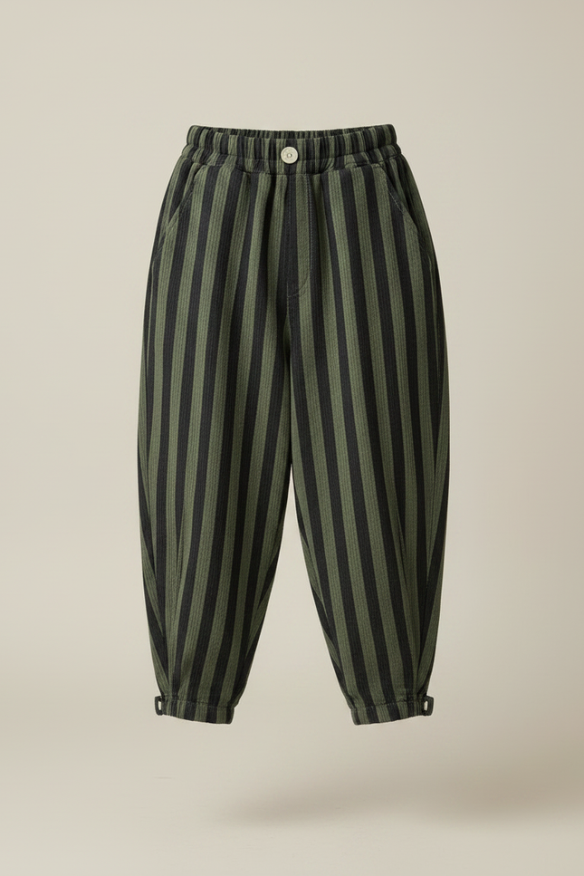 Pantalon Parachute Rayé Vert Ample Enfant Décontracté - Cordé - vue 3
