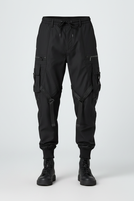 Pantalon Parachute Noir Cargo Tactique Multipoches Homme - Polyester - vue 3