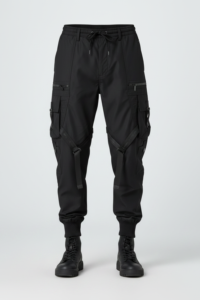 Pantalon Parachute Noir Cargo Tactique Multipoches Homme - Polyester - vue 3