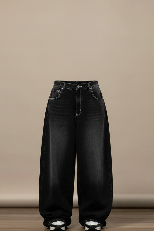 Pantalon Parachute Délavé Noir Ample Denim Femme Y2K - Jean - vue 3