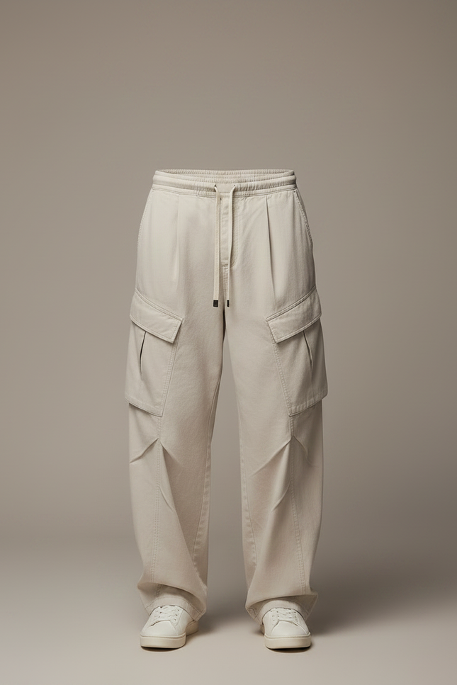 Pantalon Parachute Beige Ample Cargo Plissé Homme - Toile - vue 3