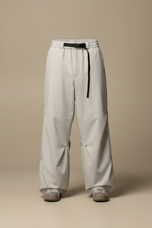 Pantalon Parachute Gris Clair Ample Ceinture Décontracté - Polyester - vue 3