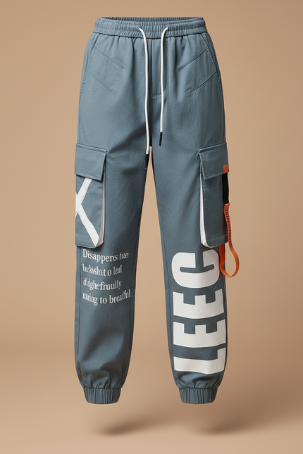 Pantalon Parachute Kaki Cargo Imprimé Ample Streetwear - Bleu Toile - vue 3