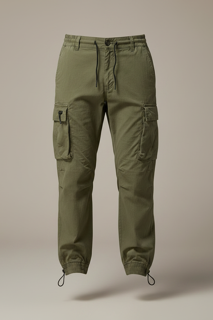 Pantalon Parachute Vert Cargo Cordon Jogger Homme - Kaki Toile - vue 3
