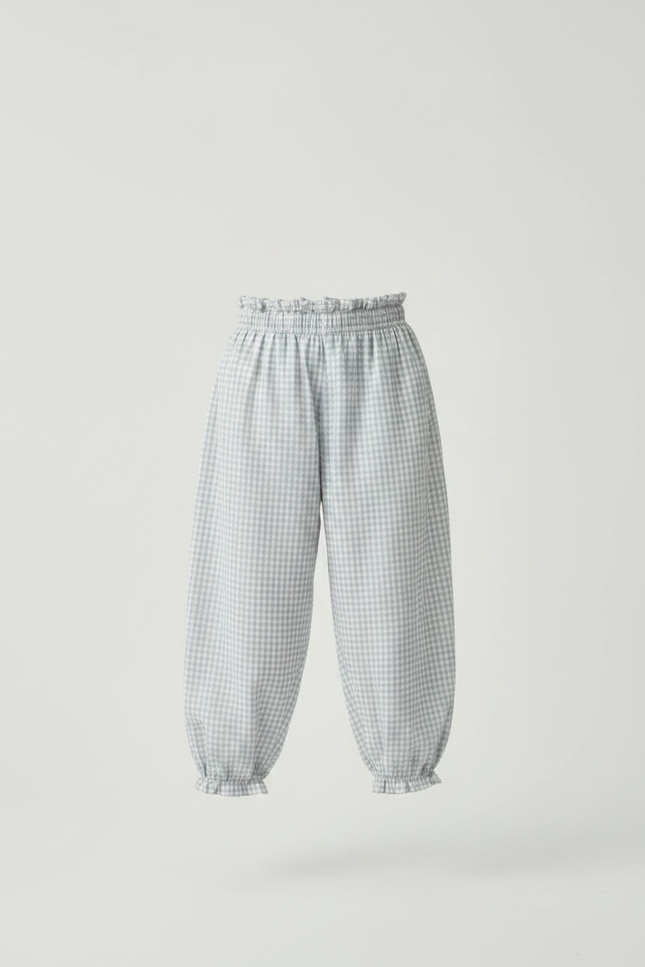 Pantalon Parachute Vichy Coton Ample Fille Froncé - Bleu - vue 3