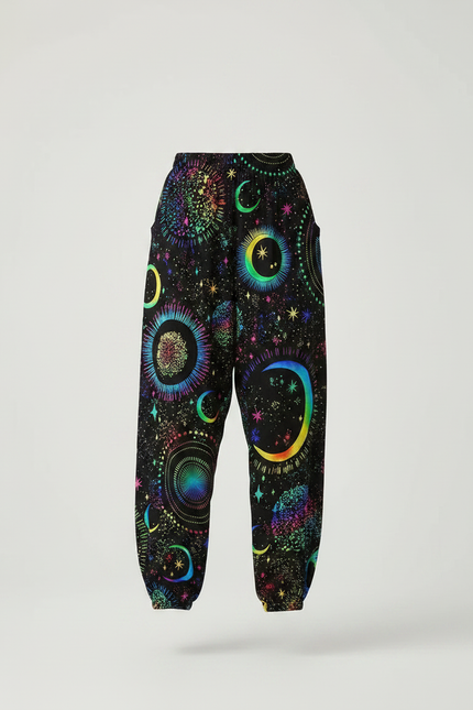 Pantalon Parachute Noir Fluide Imprimé Lune Étoiles Femme - Viscose - vue 3