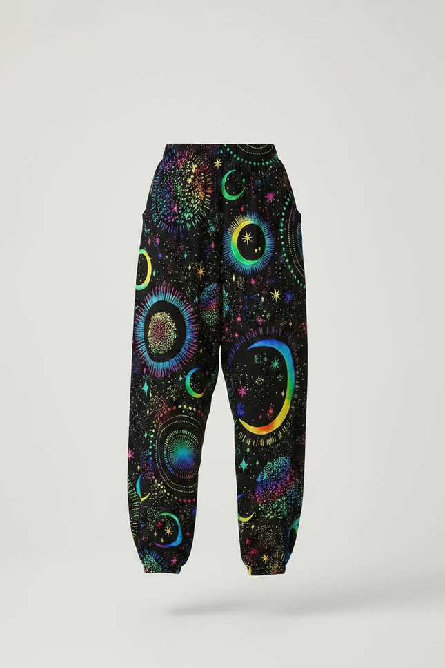 Pantalon Parachute Noir Fluide Imprimé Lune Étoiles Femme - Viscose - vue 3
