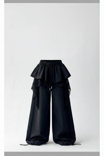 Pantalon Parachute Noir Ample Volants Dentelle Unisexe - Polyester - vue 3