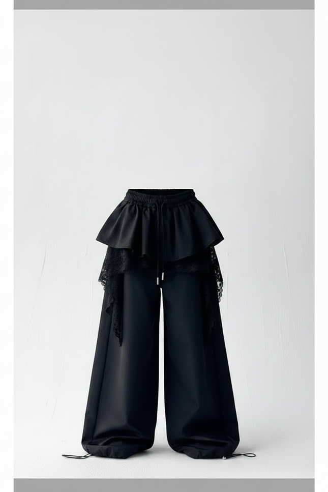 Pantalon Parachute Noir Ample Volants Dentelle Unisexe - Polyester - vue 3