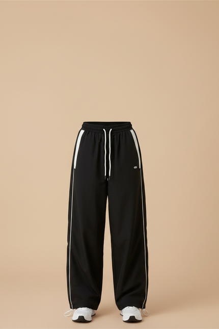 Pantalon Parachute Noir Coupe Large Rayures Blanc - Polyester - vue 3