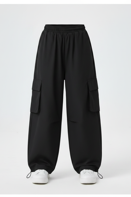 Pantalon Parachute Noir Cargo Ample Fille Streetwear - Polyester - vue 3