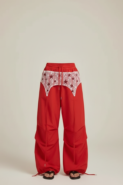 Pantalon Parachute Rouge Ample Dentelle Étoiles Femme - Polyester - vue 3