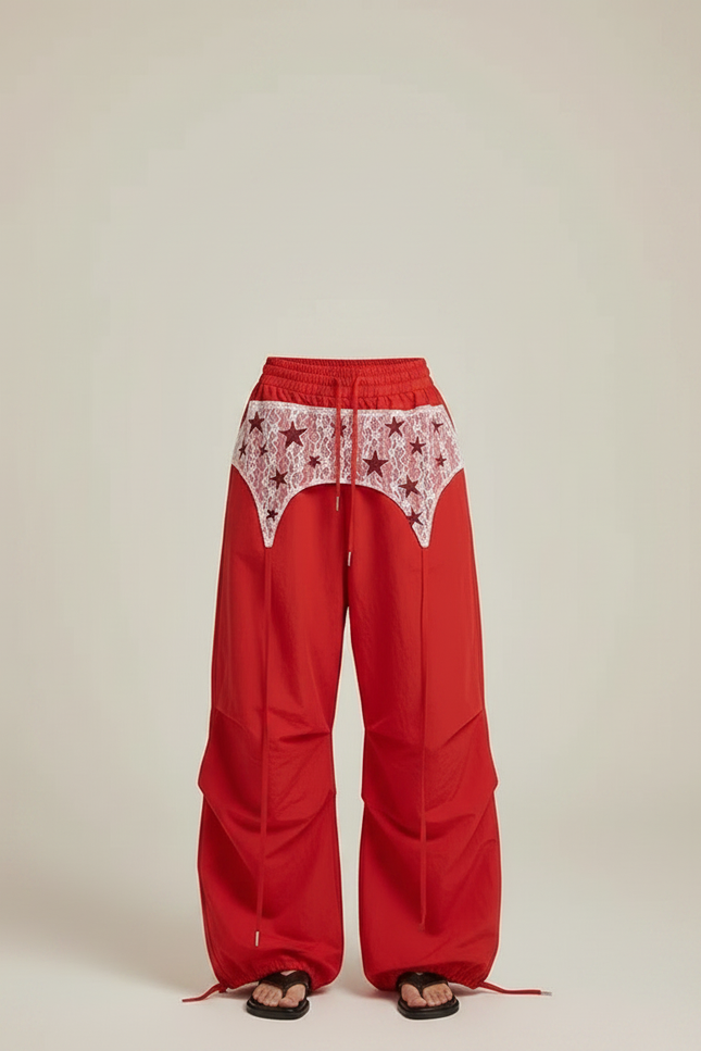 Pantalon Parachute Rouge Ample Dentelle Étoiles Femme - Polyester - vue 3