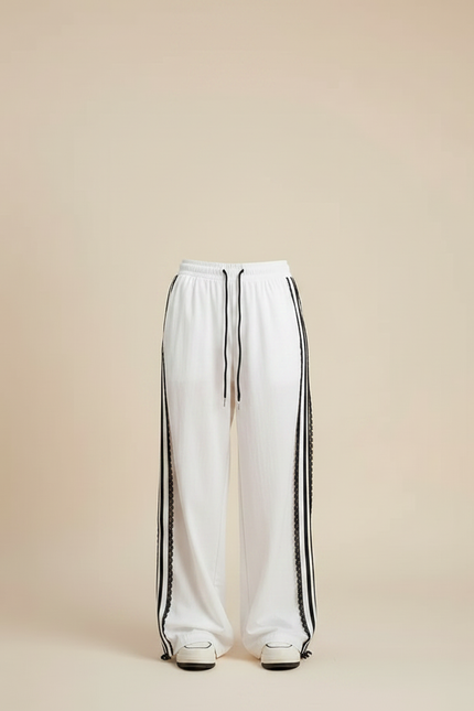 Pantalon Parachute Blanc Large Bandes Noires Femme - Coton - vue 3