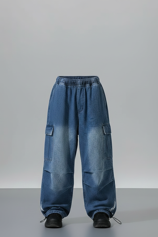 Pantalon Parachute Denim Bleu Délavé Cargo Enfant - Jean - vue 3