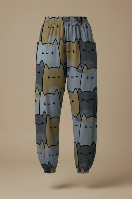 Pantalon Parachute Chats Imprimés Ample Décontracté Poches Fluide - Polyester - vue 3