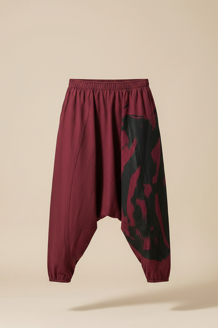 Pantalon Parachute Bordeaux Ample Coton Lin Imprimé Streetwear - vue 3