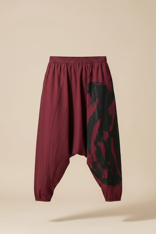 Pantalon Parachute Bordeaux Ample Coton Lin Imprimé Streetwear - vue 3