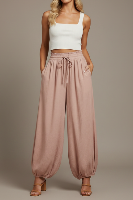 Pantalon Parachute Rose Pêche Fluide Ample Décontracté - Viscose - vue 3