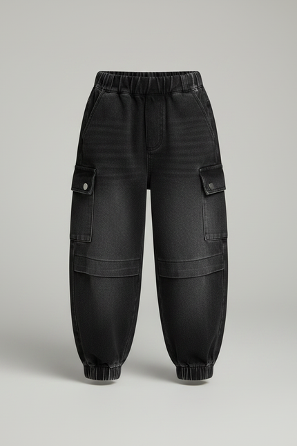 Pantalon Parachute Noir Ample Cargo Coton Enfant - Jean - vue 3