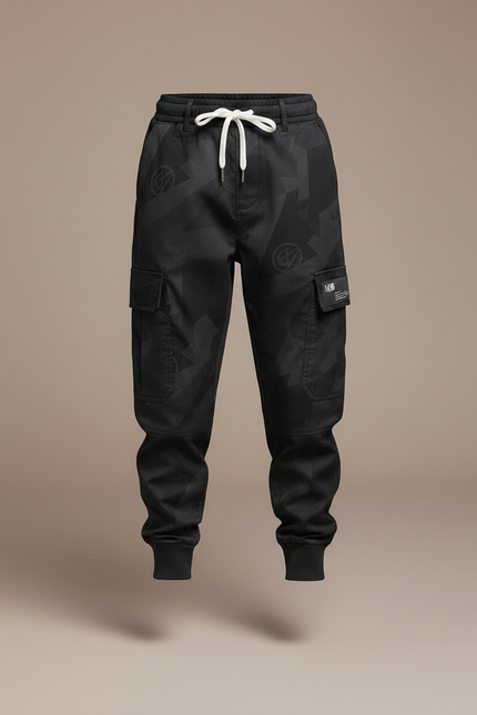 Pantalon Parachute Noir Camouflage Cargo Cordon Enfant - Polyester - vue 3