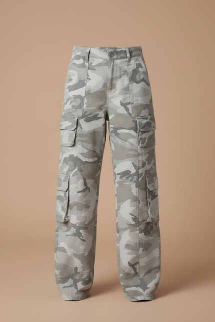 Pantalon Parachute Camouflage Gris Ample Cargo Fille - Toile - vue 3