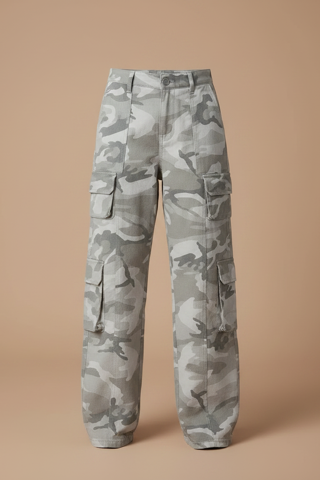 Pantalon Parachute Camouflage Gris Ample Cargo Fille - Toile - vue 3