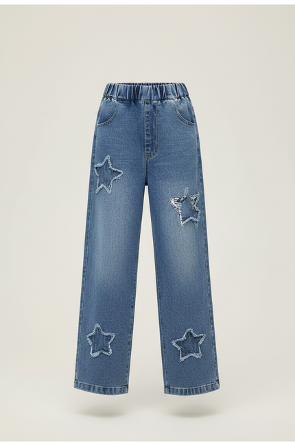 Pantalon Parachute Denim Étoiles Ample Fille Casual Jeans - Bleu - vue 3