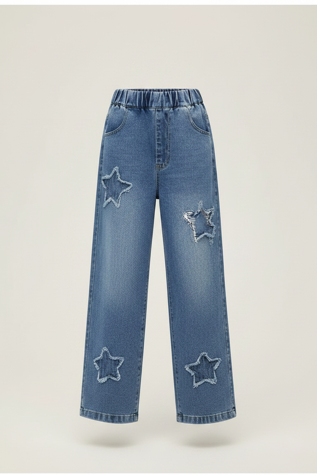 Pantalon Parachute Denim Étoiles Ample Fille Casual Jeans - Bleu - vue 3
