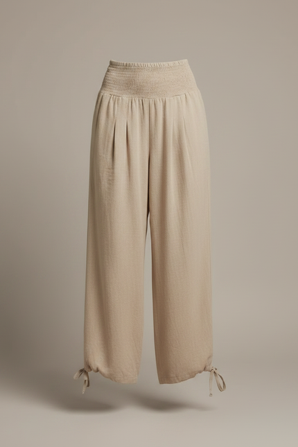 Pantalon Parachute Beige Ample Smocké Cordon Femme - Lin - vue 3