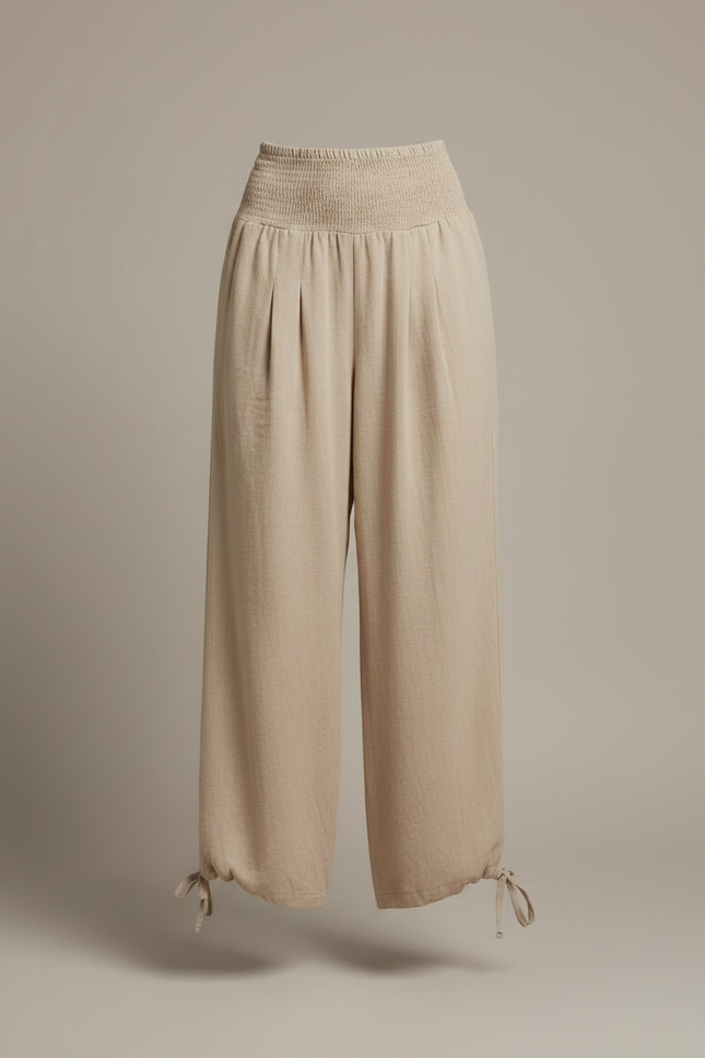 Pantalon Parachute Beige Ample Smocké Cordon Femme - Lin - vue 3